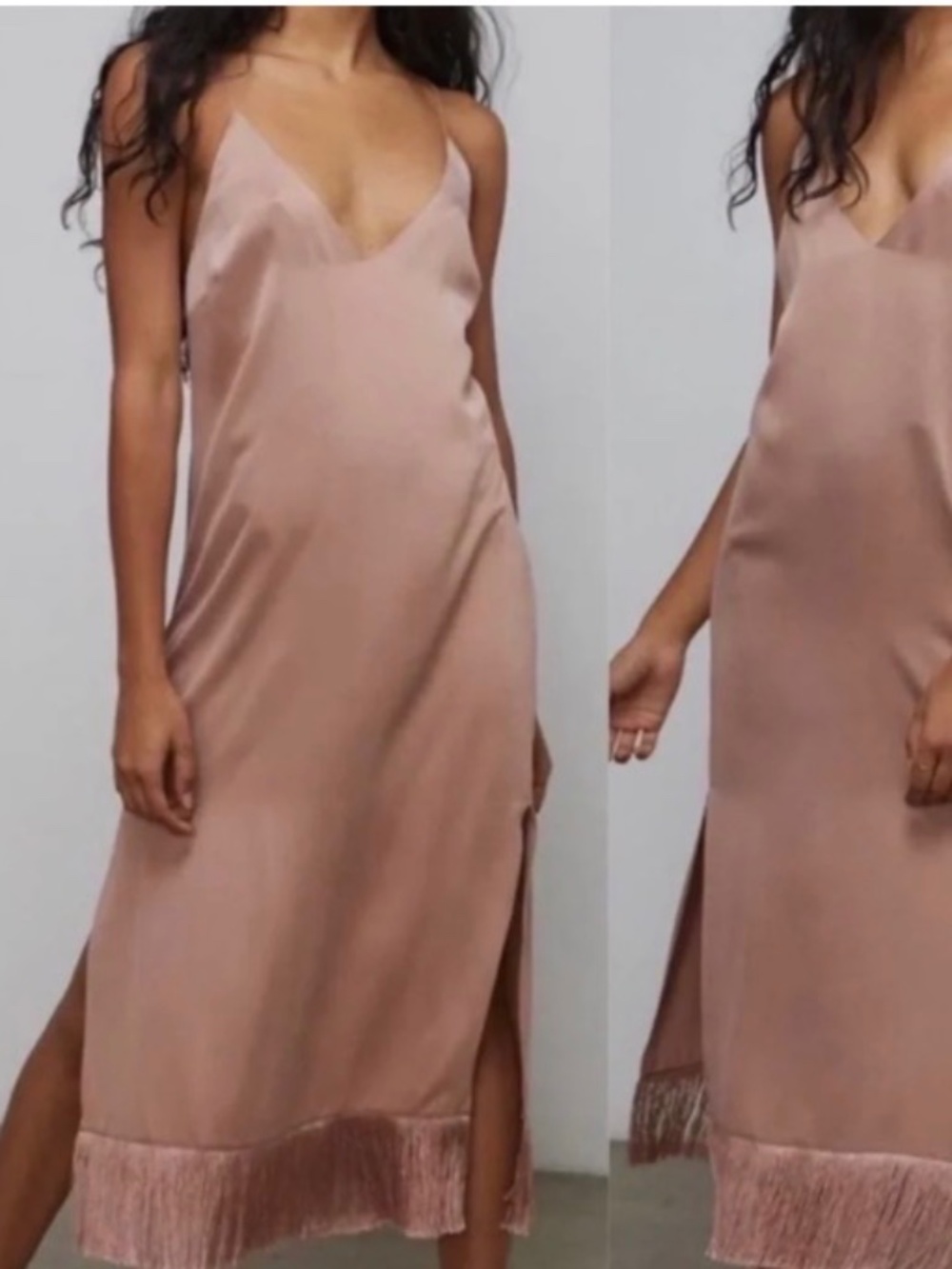 LUNYA Washable Silk Fringe Slip Dress XL Champagne Taupe Nightgown Lounge Dress